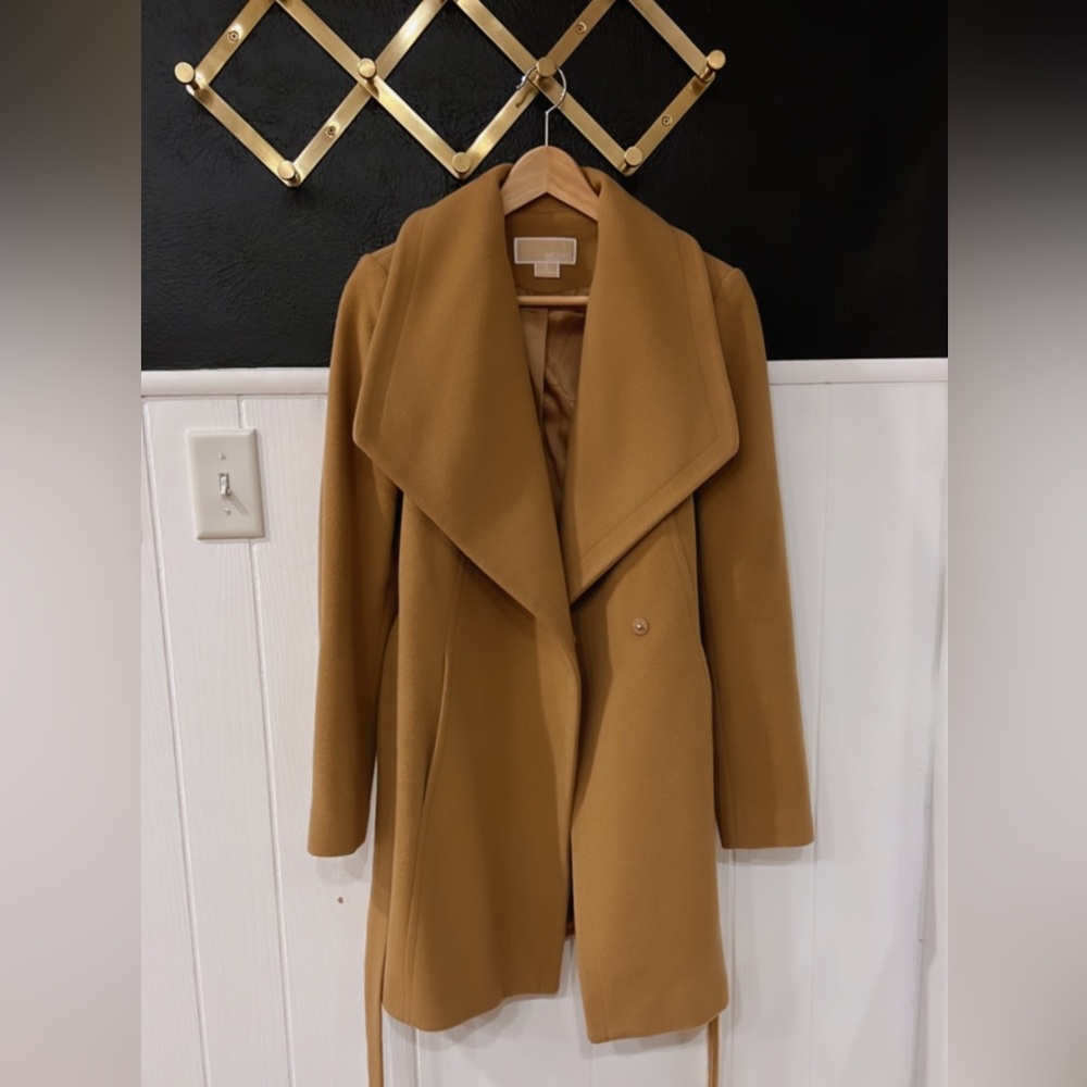 Womens Wrap-Front Camel Coat